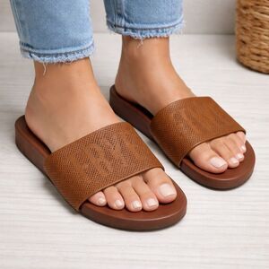 Frye Lola Perf Logo Slide Sandals Womens 7.5 Brown Leather Slip On Flat Casual